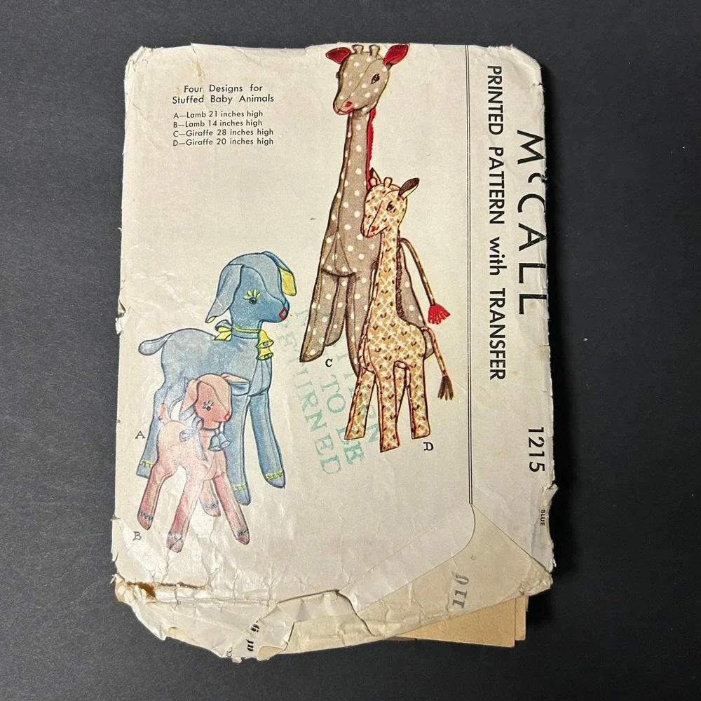 Vintage 1945 McCall Sewing Pattern 1215 Stuffed Baby Animals Lamb Giraffe